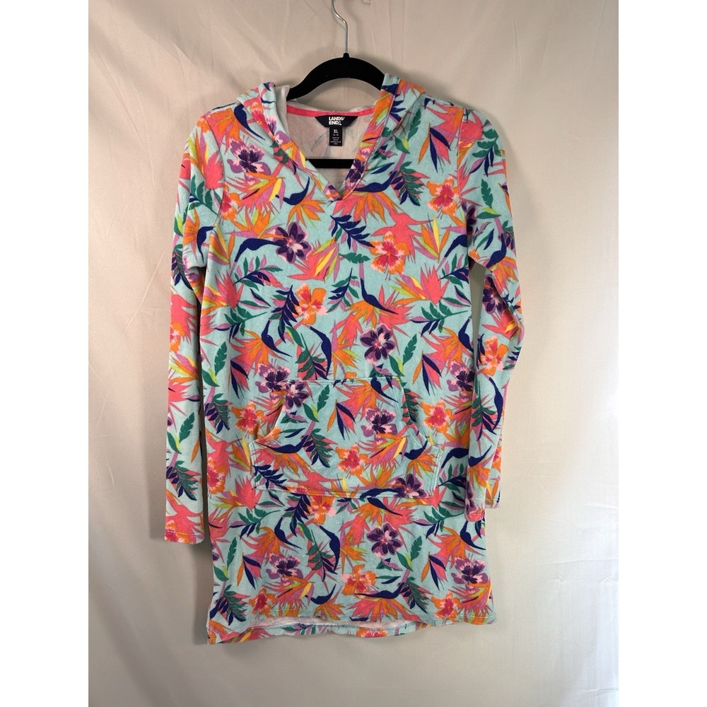 Lands End Girls XL 14-16 Terry Cloth Cover Up long sleeve hooded tropical aqua‎